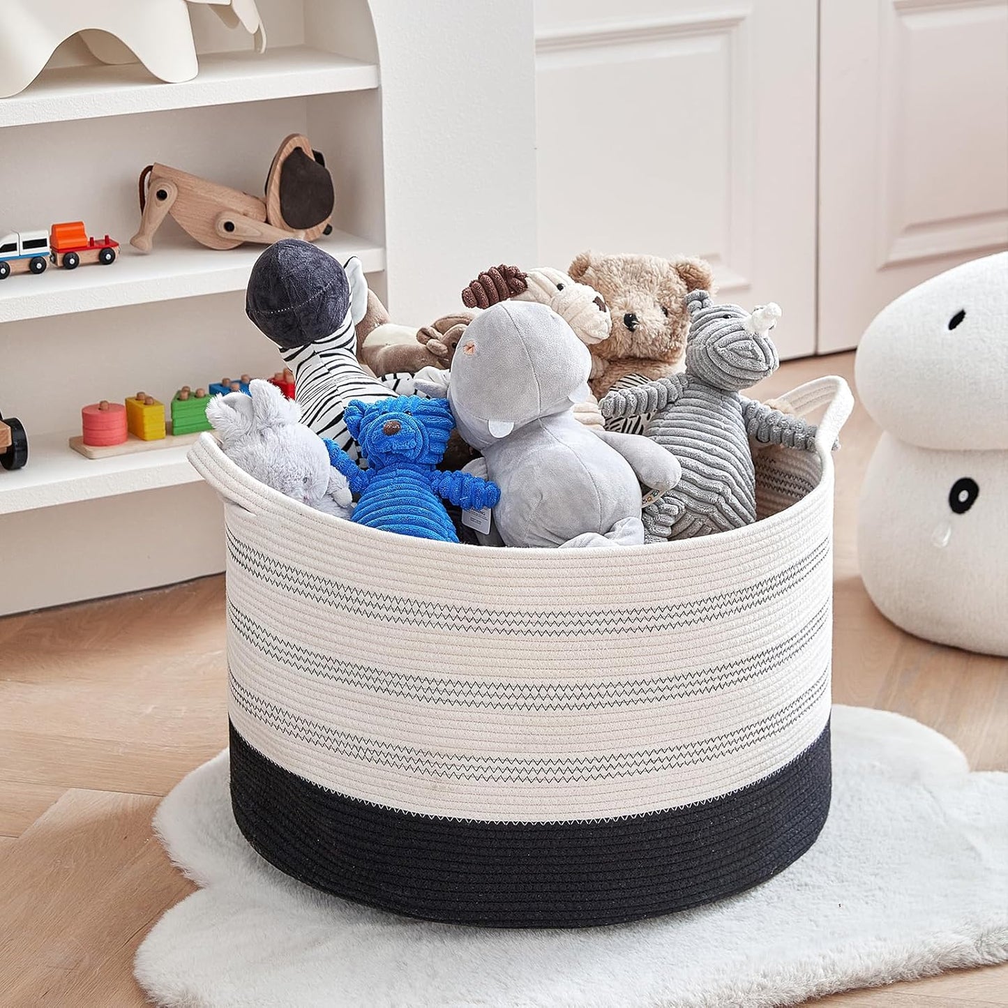 Xxxlarge Cotton Rope Basket 22" X 22"X 14" Blanket Basket for Living Room Woven Basket Soft Baby Laundry Blanket Basket Nursery Bin Toy Basket with Handle White+Black