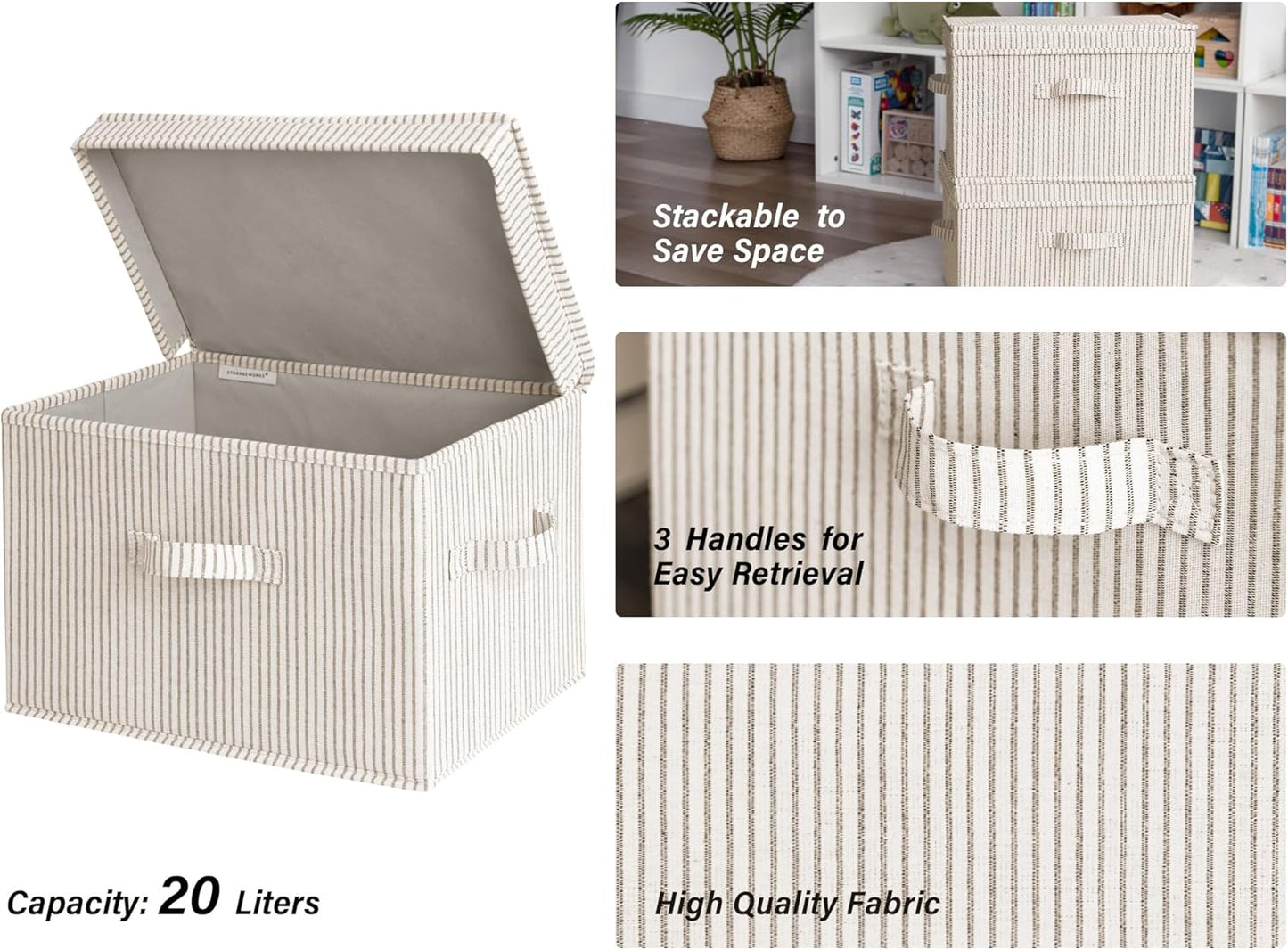 Fabric Storage Bins with Lids, Decorative Stackable Organizer Baskets with Handles, Large Khaki and Beige Stripes, Set of 2
