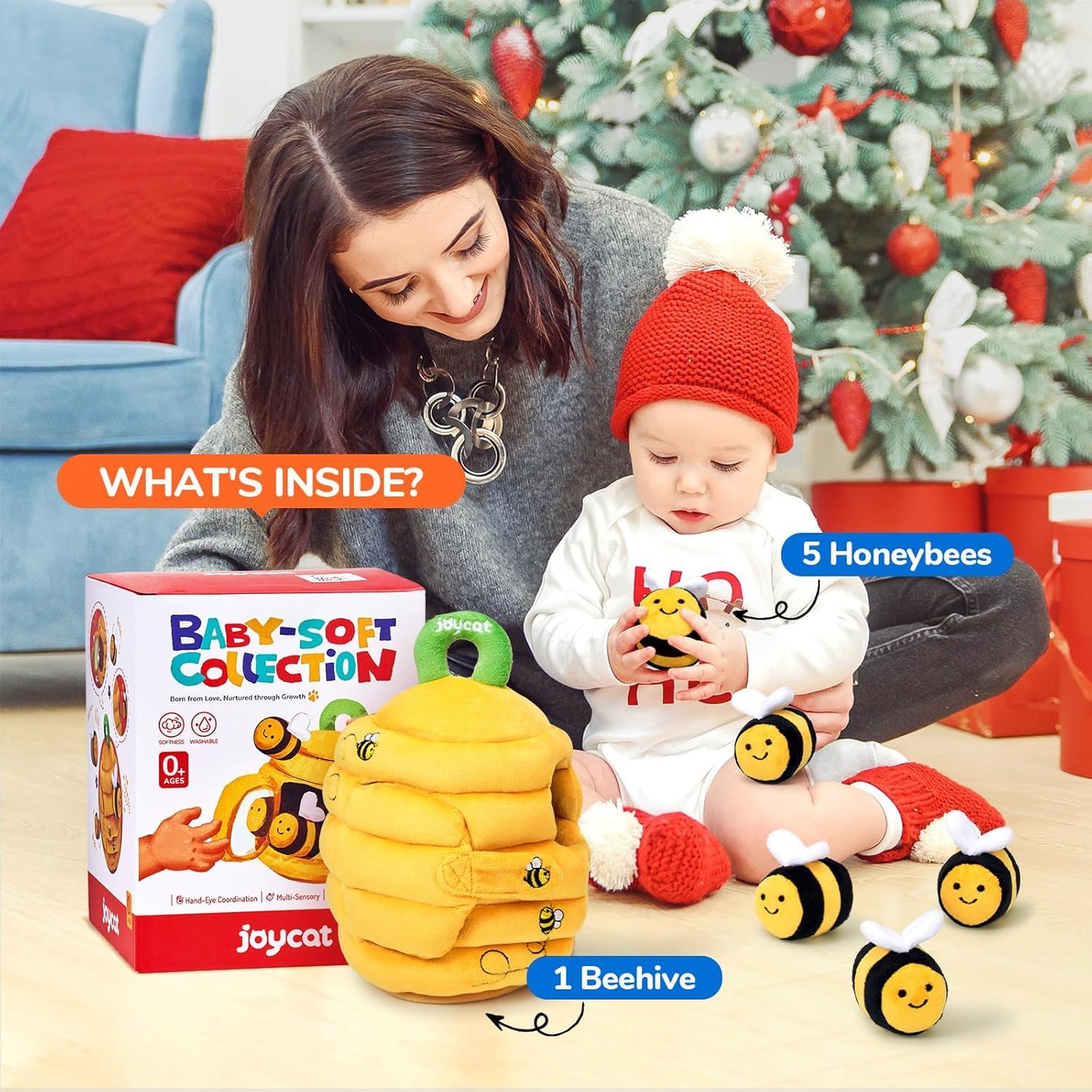 Joycat Sensory Baby Beehive Toy – Montessori Plush Set with 5 Bees & Mirror (0–4