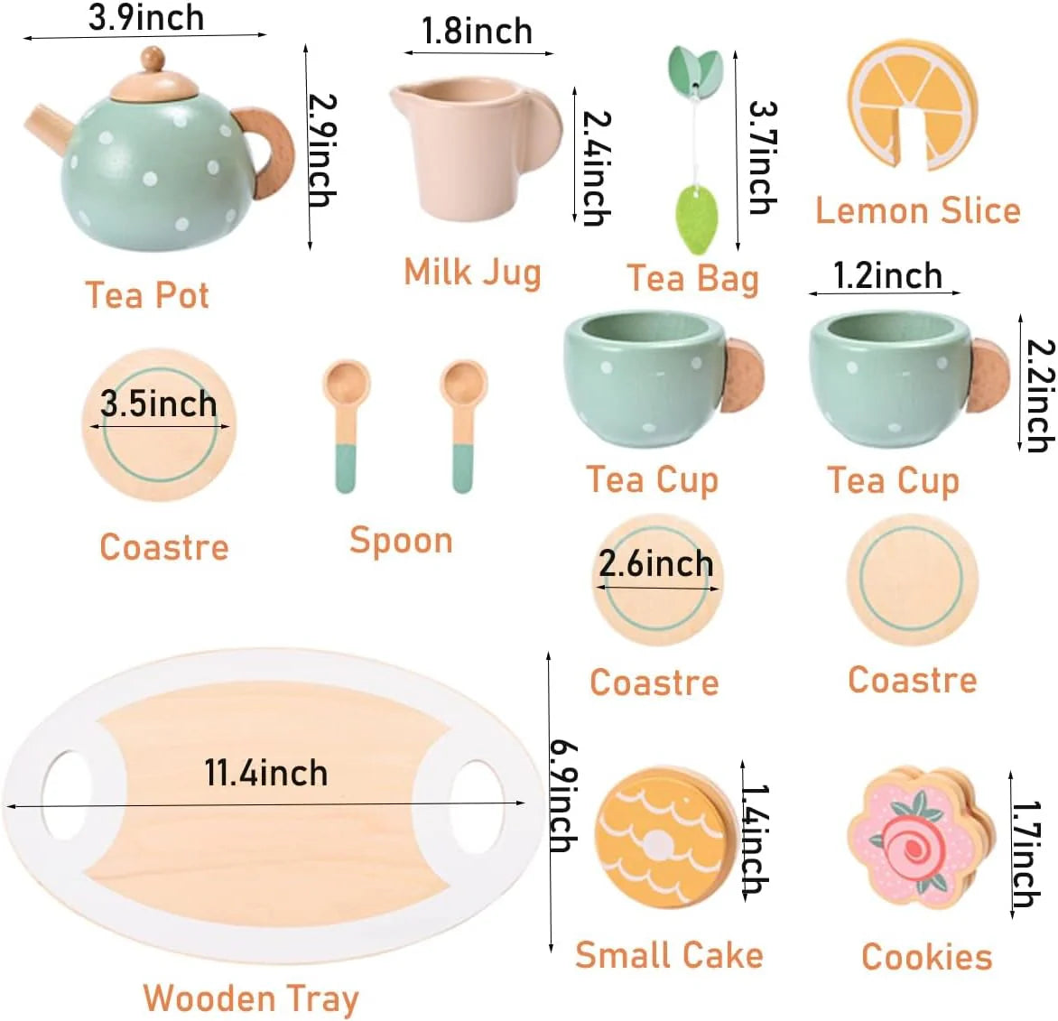 MONT PLEASANT Children's Wooden Tea Set - Toddler Kitchen Accessories and Play Food for Tea Parties
