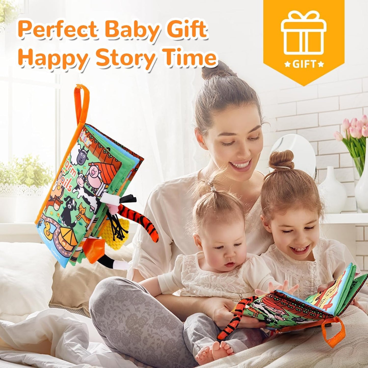 Soft Cloth Baby Books for Infants 0-6 Months - Crinkle Sensory Toys with Touch and Feel Features for Tummy Time - Farm Tails Edition