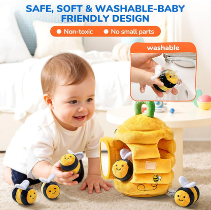 Joycat Sensory Baby Beehive Toy – Montessori Plush Set with 5 Bees & Mirror (0–4