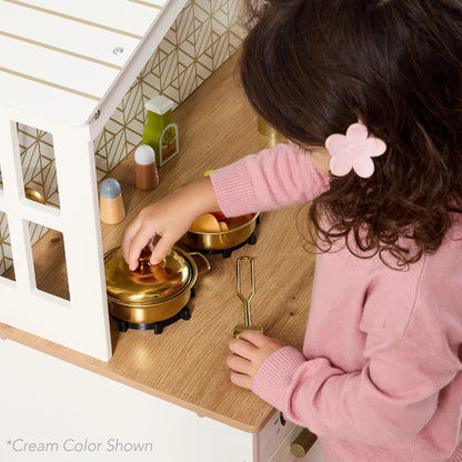 Rose Wooden Farmhouse Kitchen Playset with Storage, Interactive Features, and Five Accessories