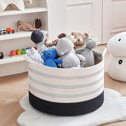 Xxxlarge Cotton Rope Basket 22" X 22"X 14" Blanket Basket for Living Room Woven Basket Soft Baby Laundry Blanket Basket Nursery Bin Toy Basket with Handle White+Black