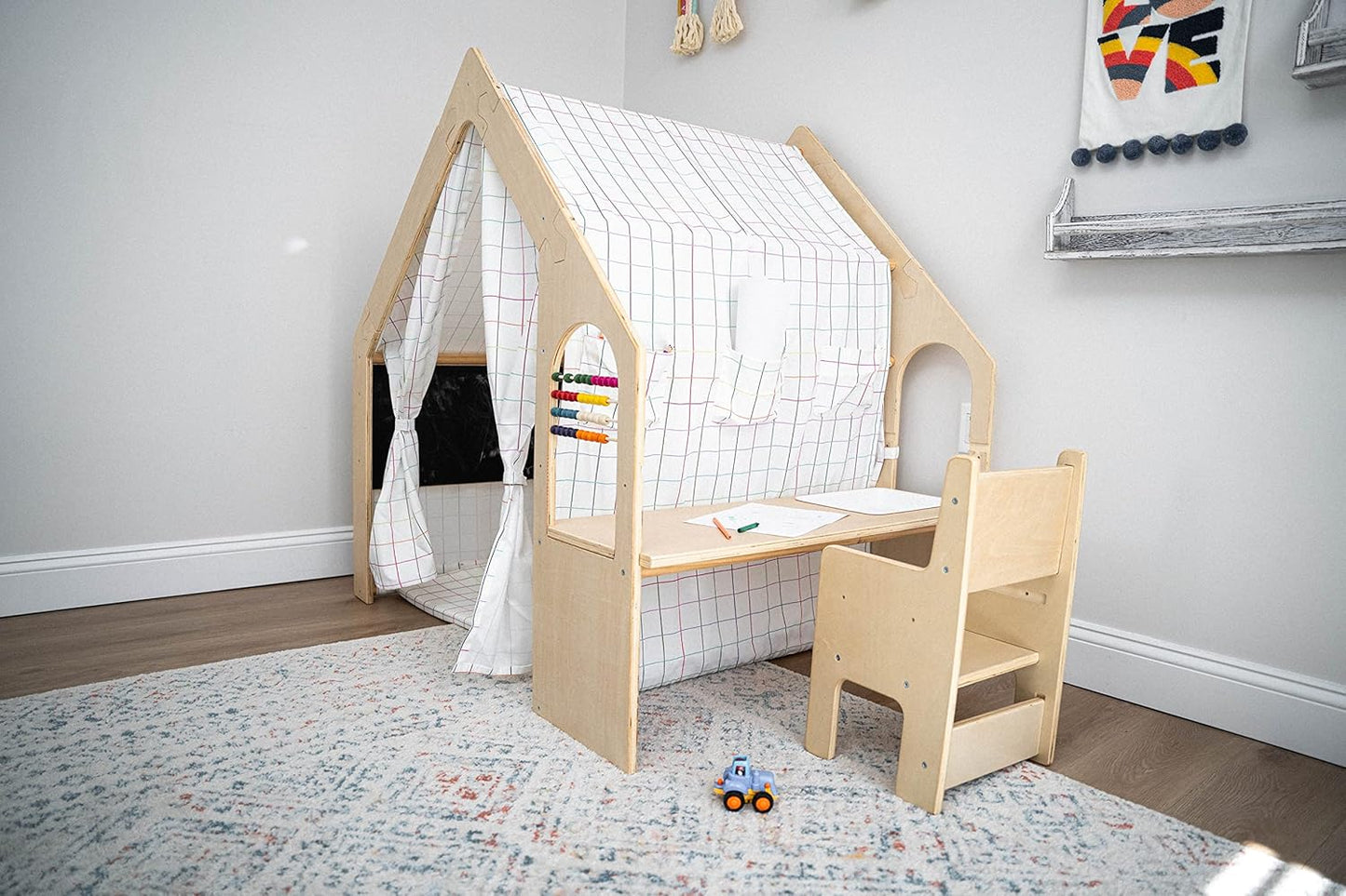 5 in 1 Indoor Playhouse with Desk Table, Chair, Chalkboard, Floor Cushion and Curtain Shades - Montessori and Waldorf Style