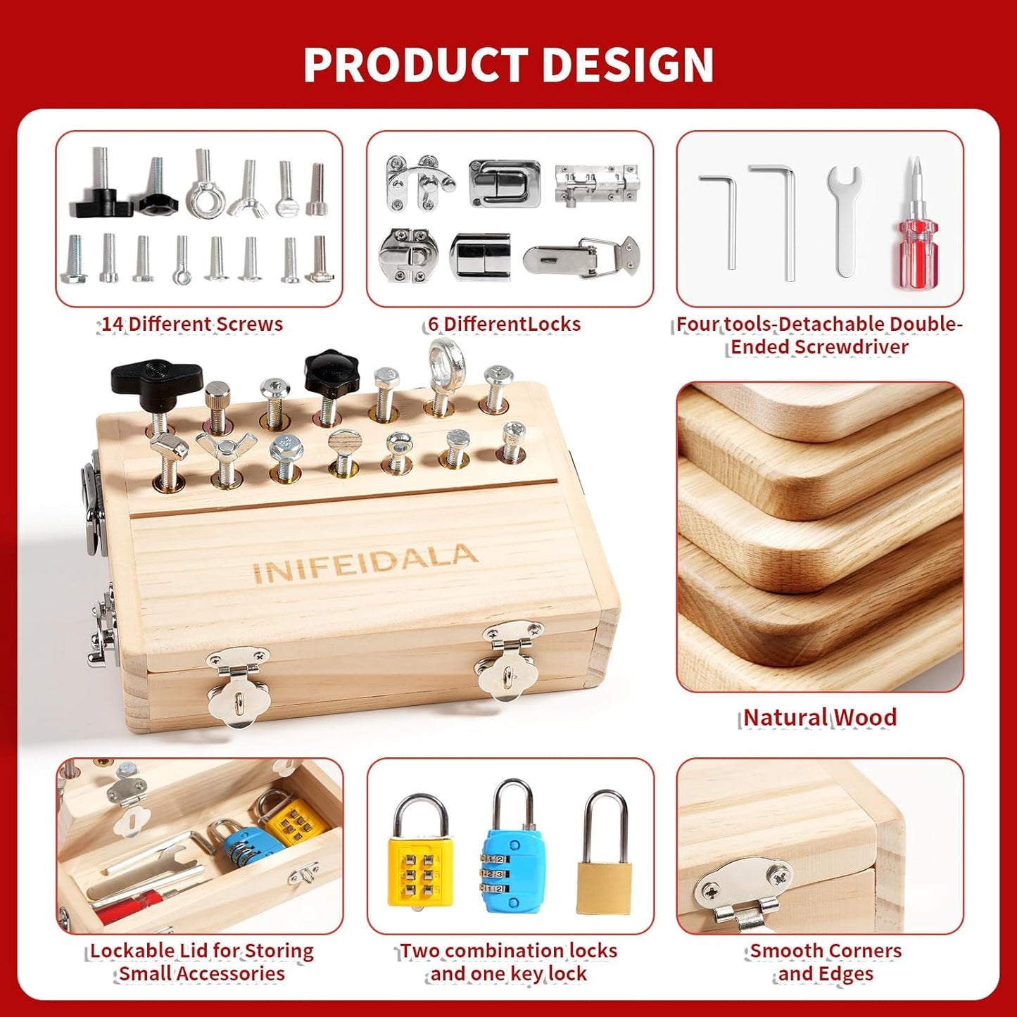Wooden Sensory Toy with Locks, Latches & Screwdriver Set, Montessori Busy Board for Toddlers, Fine Motor Skills Learning Toy for Travel, Quiet Play & Preschool Activities