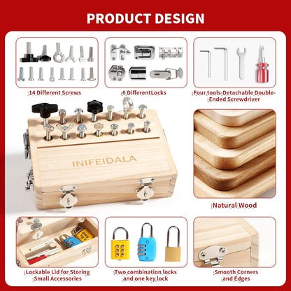 Wooden Sensory Toy with Locks, Latches & Screwdriver Set, Montessori Busy Board for Toddlers, Fine Motor Skills Learning Toy for Travel, Quiet Play & Preschool Activities