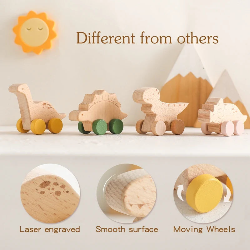 Set of 8 Wooden Dinosaur Vehicles - Montessori Developmental Push Toys for Infants and Toddlers