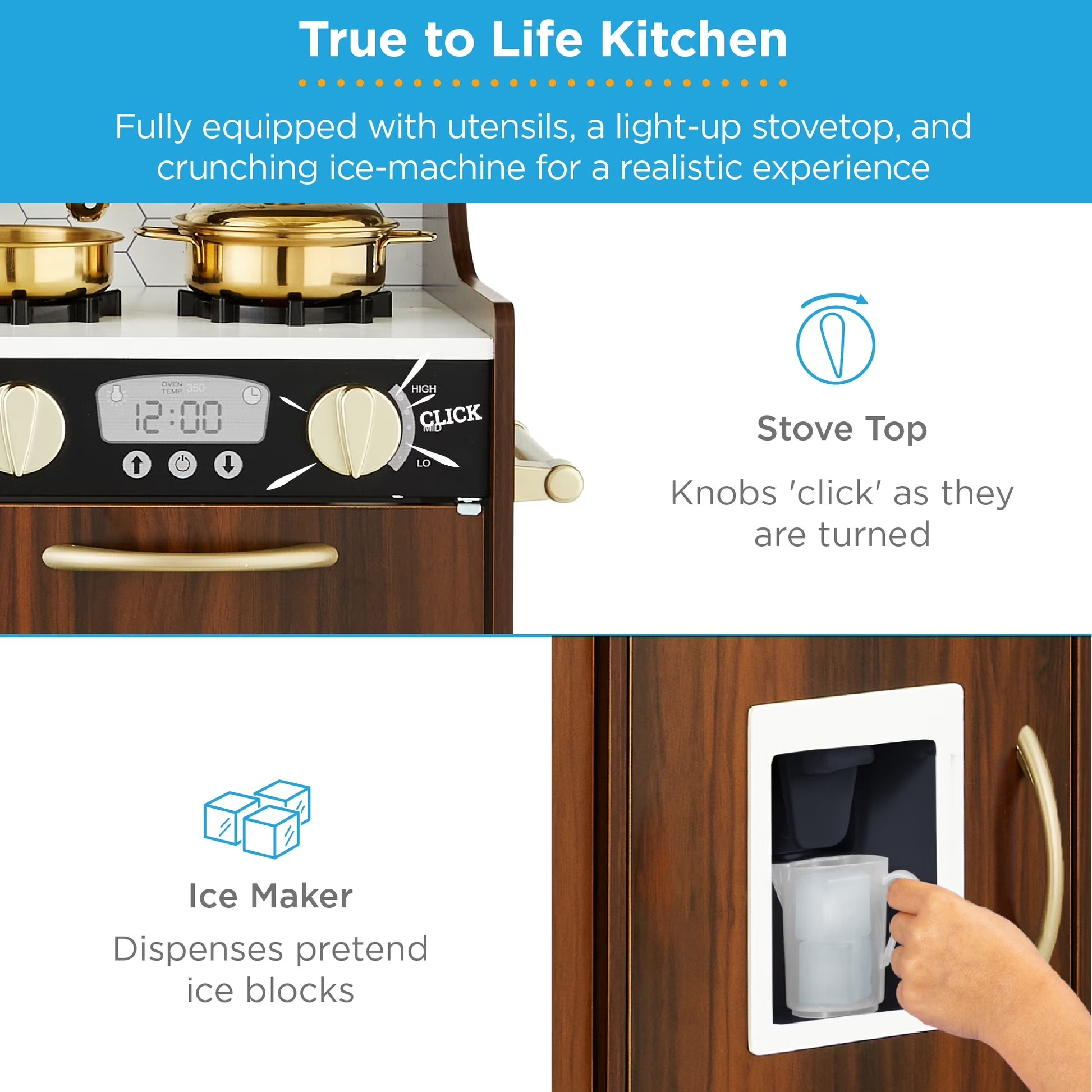 Pretend Play Kitchen Wooden Toy Set for Kids W/ Telephone, Utensils, Oven, Microwave - Espresso