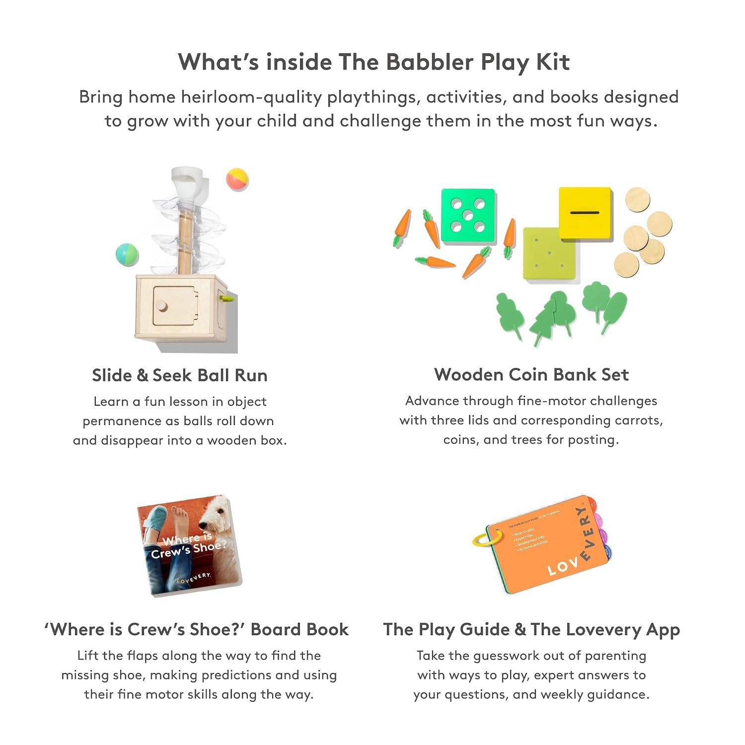 LOVEVERY, the Babbler Play Kit with Bonus Book 'Where Is Crew's Shoe', Birthday Play Kit, Montessori Toddler Toy (Best Birthday Gift for 1 Year Old)