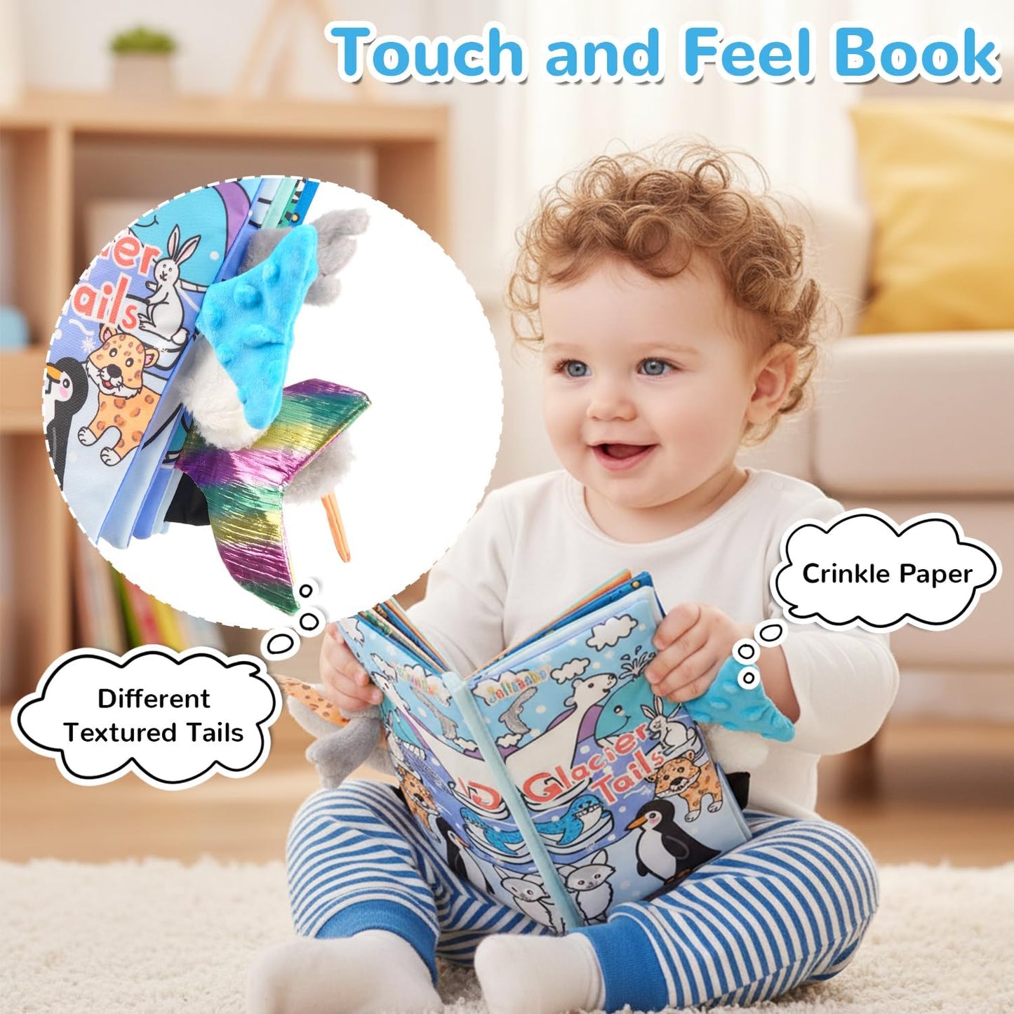 Soft Cloth Baby Books for Infants 0-6 Months - Crinkle Sensory Toys with Glacier Tails for Tummy Time and Touch & Feel Experience (3 Months+)