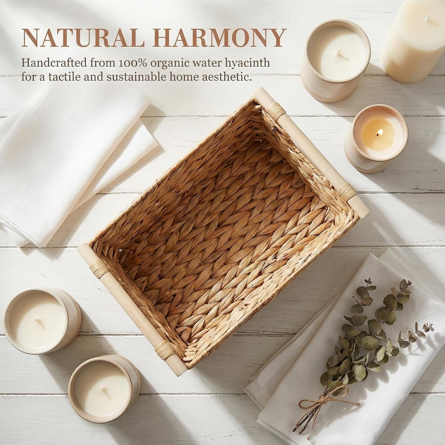 Natural Water Hyacinth Storage Baskets with Handles - Woven Rectangular Organizing Baskets for Shelves and Towels