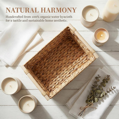Natural Water Hyacinth Storage Baskets with Handles - Woven Rectangular Organizing Baskets for Shelves and Towels