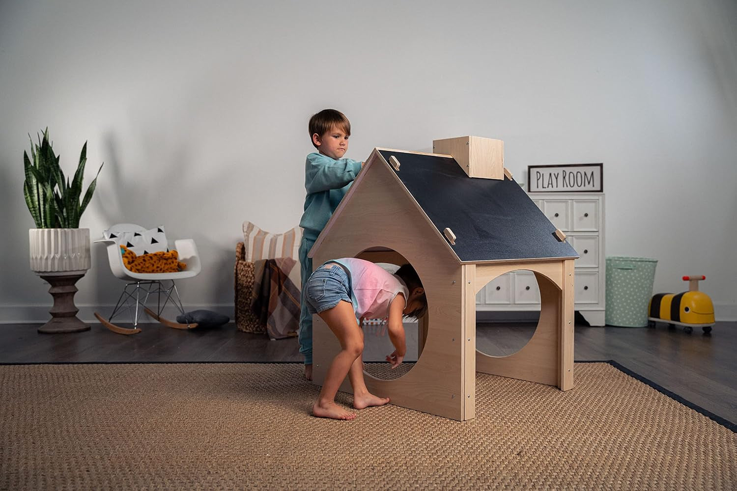 Indoor Montessori Wooden and Waldorf Style Playhouse for Toddlers with Double Chalkboard Roof - Sturdy Play Set Structure for Children and Kids ECC Early Childhood Day Care, Preschool Playroom