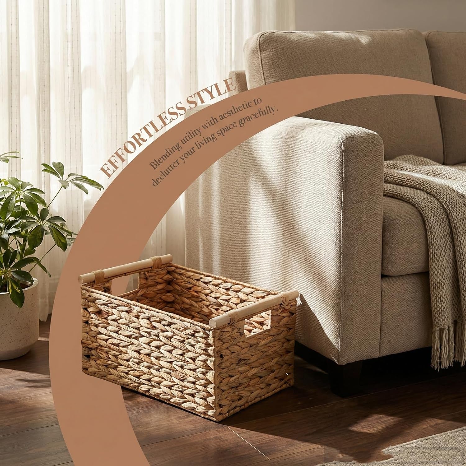Natural Water Hyacinth Storage Baskets with Handles - Woven Rectangular Organizing Baskets for Shelves and Towels