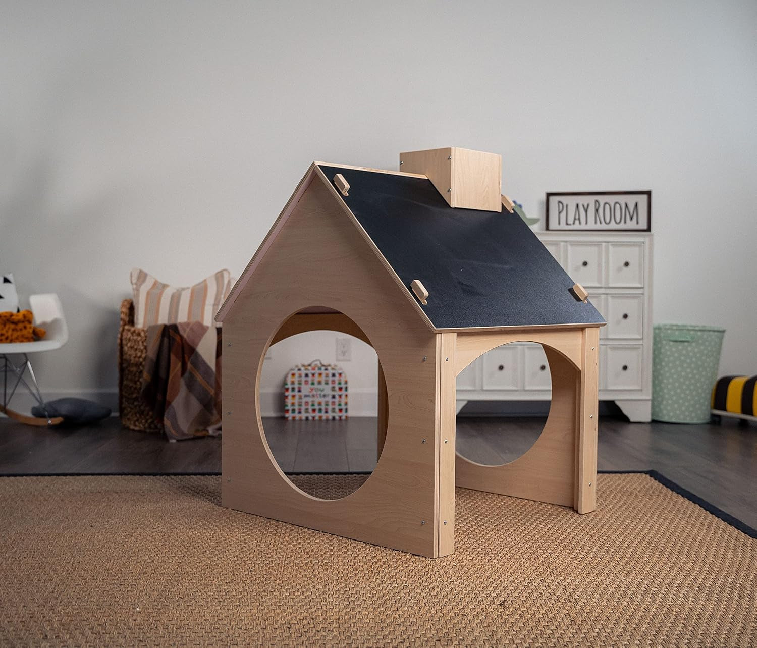 Indoor Montessori Wooden and Waldorf Style Playhouse for Toddlers with Double Chalkboard Roof - Sturdy Play Set Structure for Children and Kids ECC Early Childhood Day Care, Preschool Playroom
