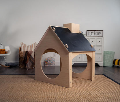 Indoor Montessori Wooden and Waldorf Style Playhouse for Toddlers with Double Chalkboard Roof - Sturdy Play Set Structure for Children and Kids ECC Early Childhood Day Care, Preschool Playroom