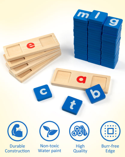 Wooden Spelling Games Short Vowel Reading Letters Sorting , Sight Words Learning Flashcards Alphabet Puzzle Montessori Educational Toy for 3 4 5 Years Old