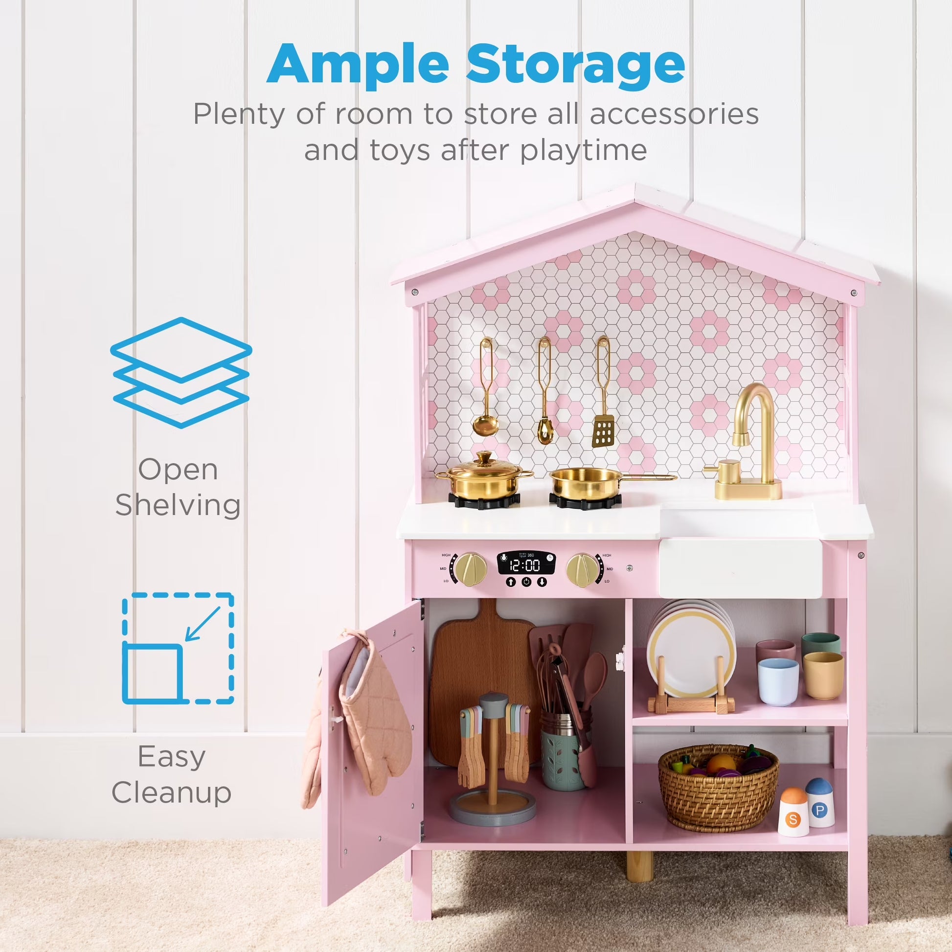Rose Wooden Farmhouse Kitchen Playset with Storage, Interactive Features, and Five Accessories