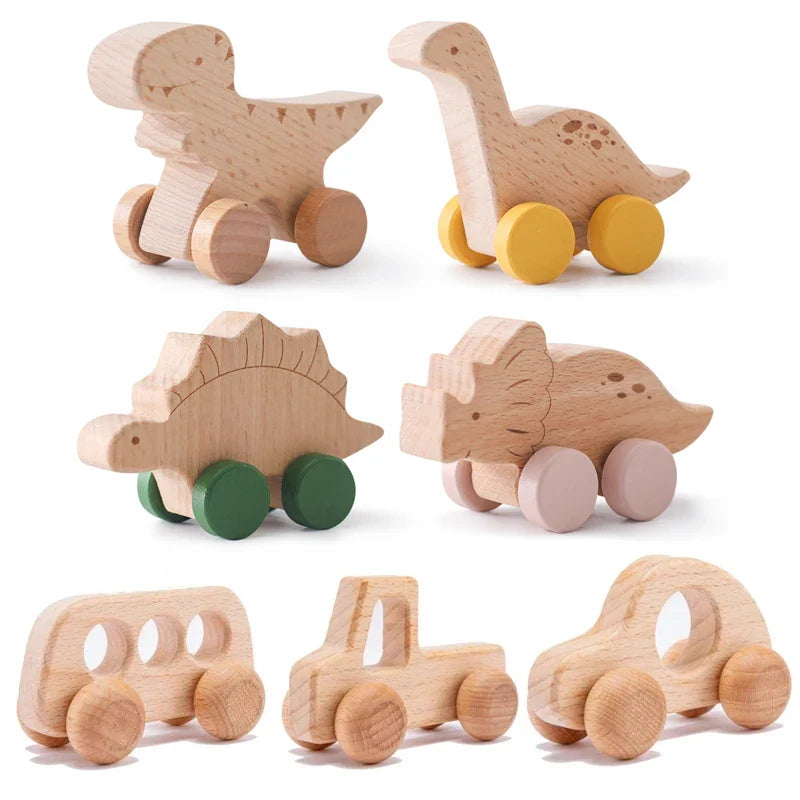 Set of 8 Wooden Dinosaur Vehicles - Montessori Developmental Push Toys for Infants and Toddlers