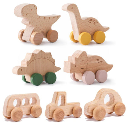 Set of 8 Wooden Dinosaur Vehicles - Montessori Developmental Push Toys for Infants and Toddlers