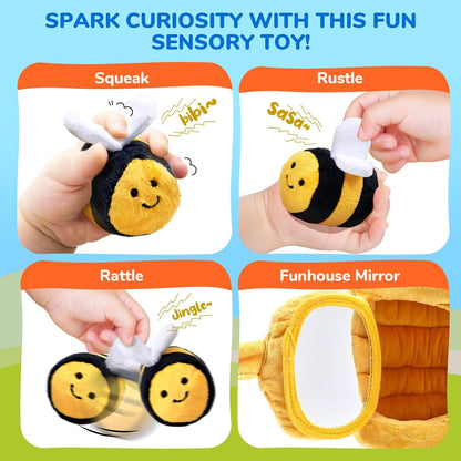 Joycat Sensory Baby Beehive Toy – Montessori Plush Set with 5 Bees & Mirror (0–4