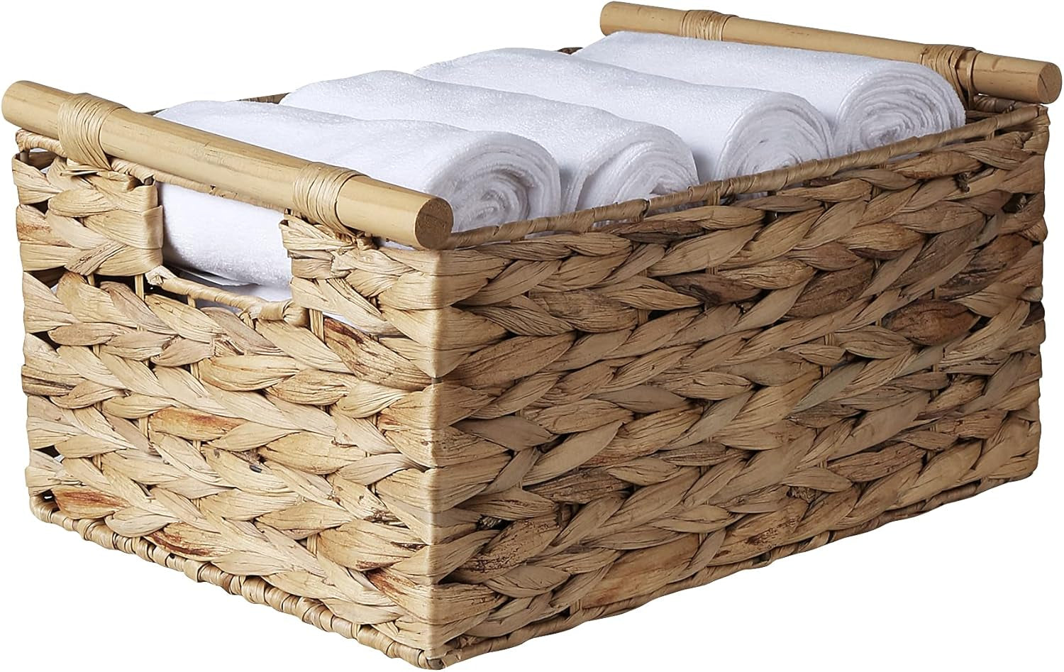Natural Water Hyacinth Storage Baskets with Handles - Woven Rectangular Organizing Baskets for Shelves and Towels