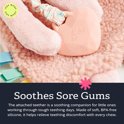 Itzy Lovey with Teether - Plush Baby Lovey Featuring Textured Ribbons, Dangle Arms, Crinkle Sound, Sherpa Fabric, and Minky Plush (Pink Bunny)