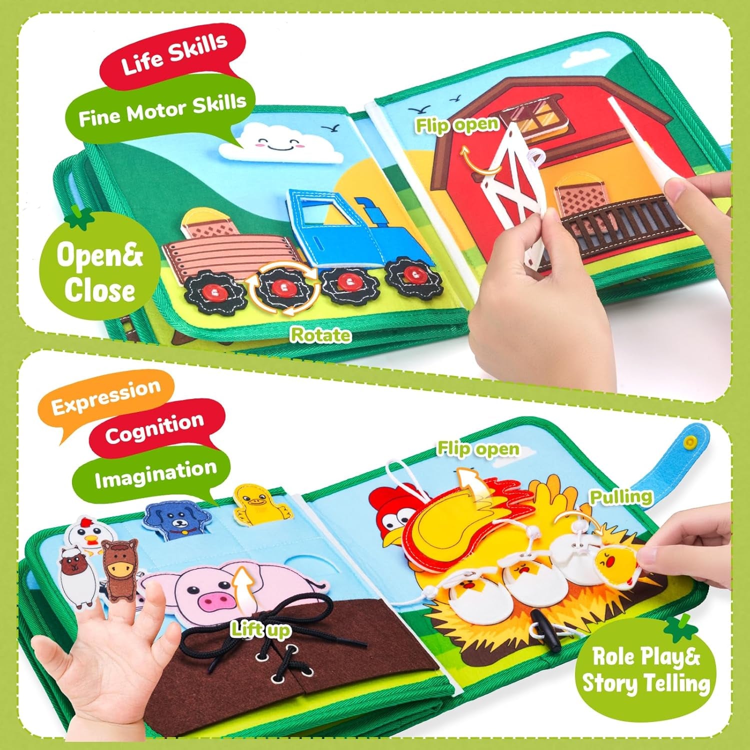 Farm Busy Book for Toddlers 1–3 – Quiet Montessori Activity Book with 15 Daily Life Activities, Screen-Free Travel Toy for Toddlers