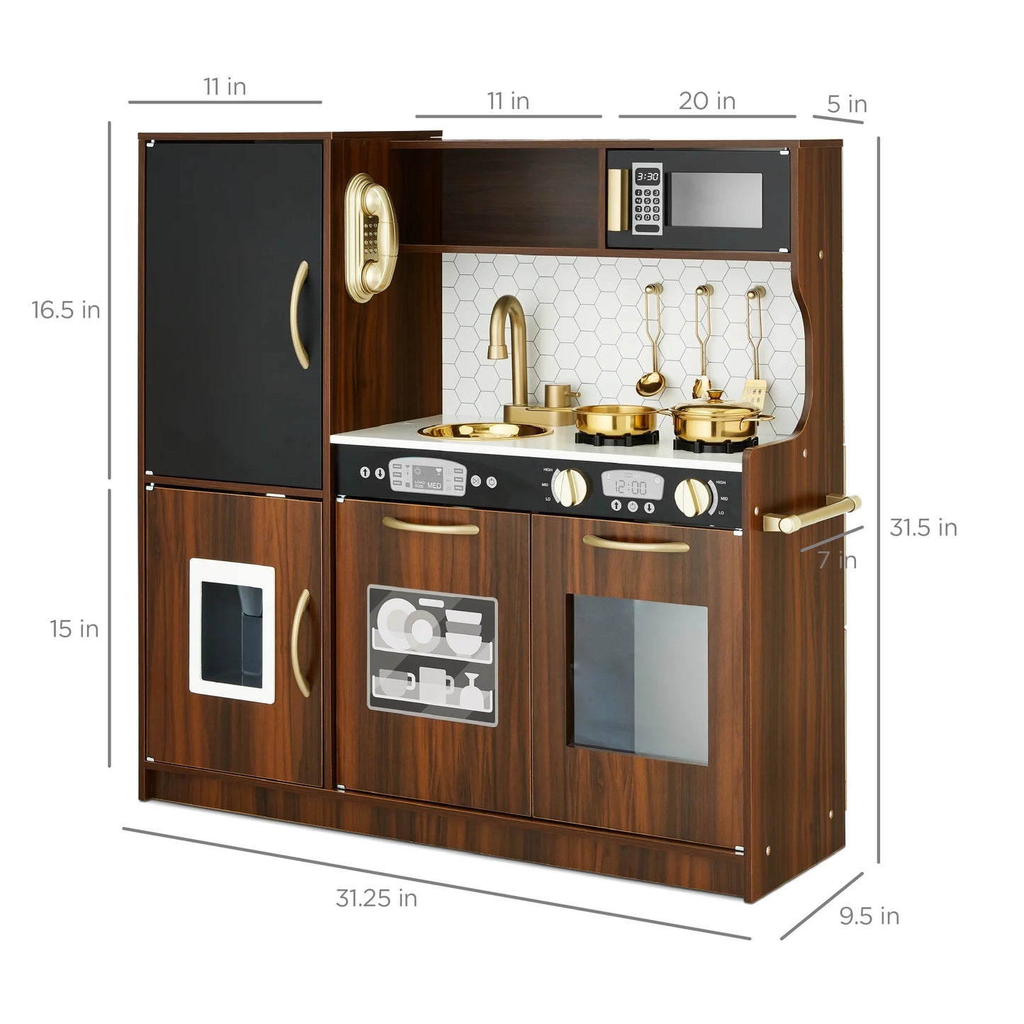 Pretend Play Kitchen Wooden Toy Set for Kids W/ Telephone, Utensils, Oven, Microwave - Espresso