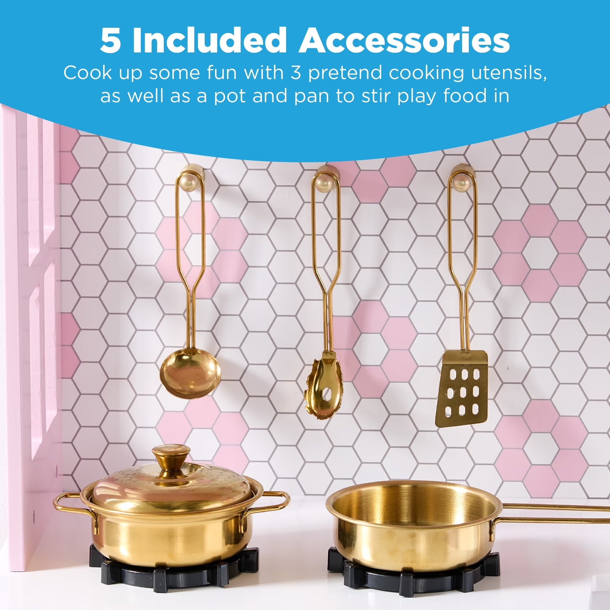 Rose Wooden Farmhouse Kitchen Playset with Storage, Interactive Features, and Five Accessories