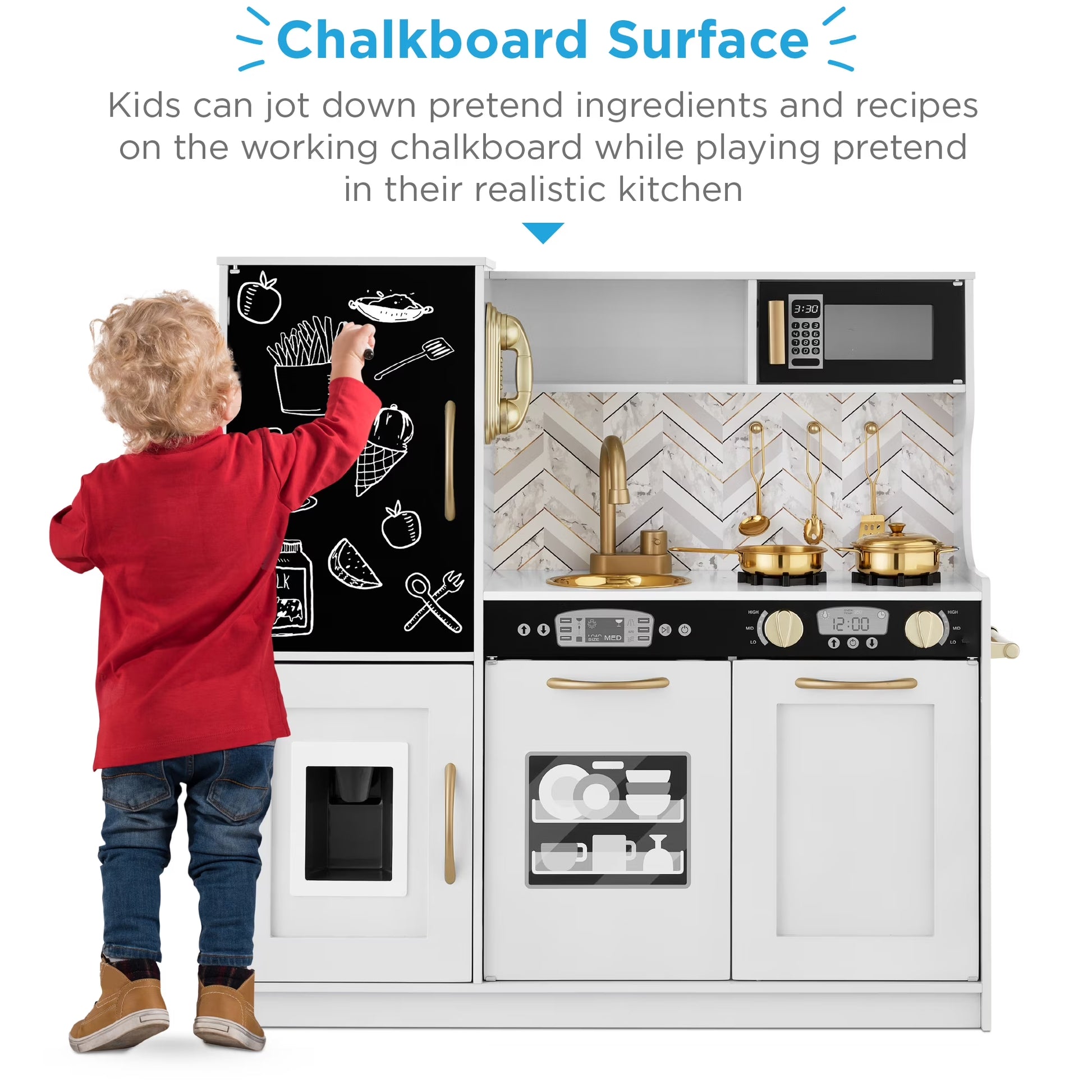 Children's Wooden Pretend Play Kitchen Set with Telephone, Utensils, Oven, and Microwave - White Bevel Finish