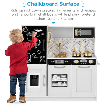 Children's Wooden Pretend Play Kitchen Set with Telephone, Utensils, Oven, and Microwave - White Bevel Finish