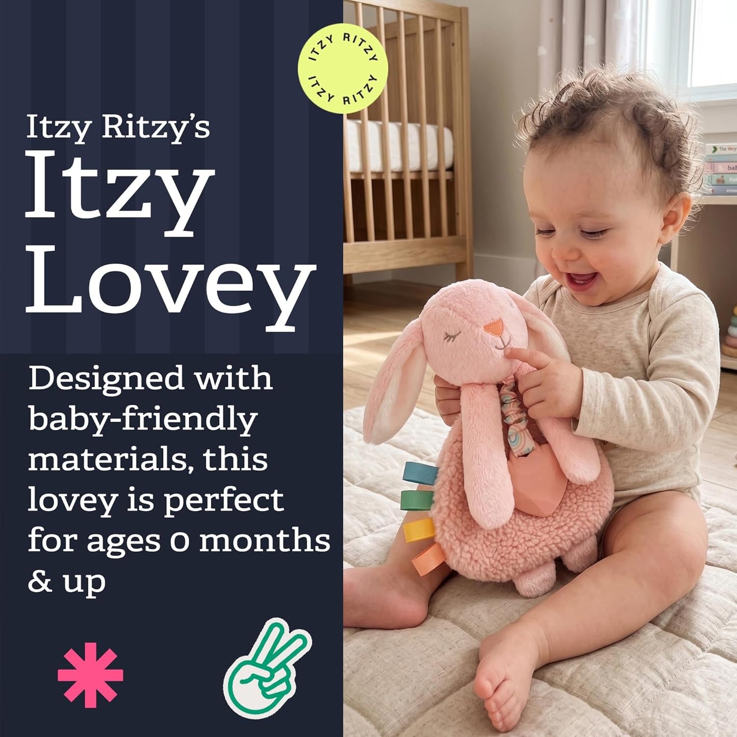 Itzy Lovey with Teether - Plush Baby Lovey Featuring Textured Ribbons, Dangle Arms, Crinkle Sound, Sherpa Fabric, and Minky Plush (Pink Bunny)