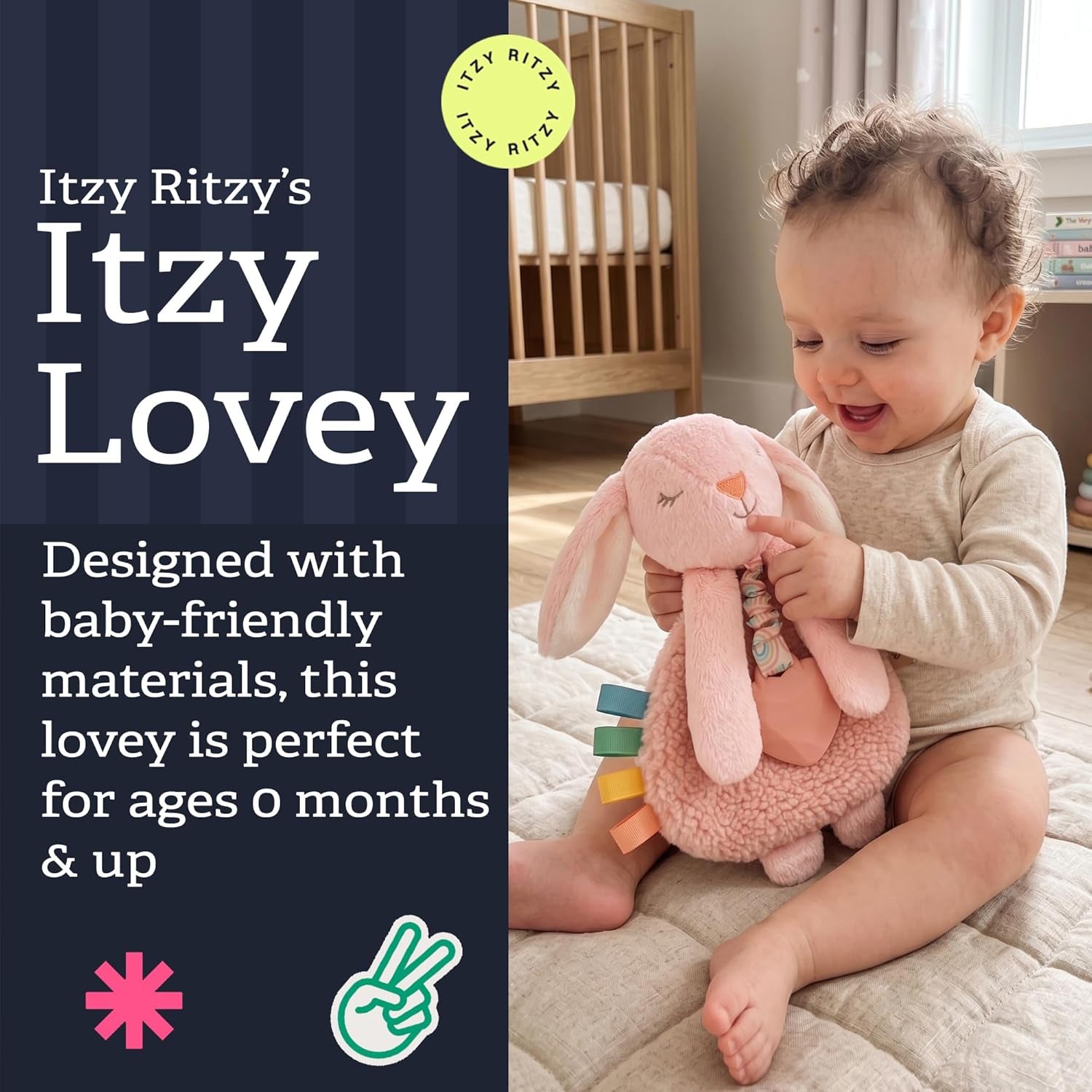 Itzy Lovey with Teether - Plush Baby Lovey Featuring Textured Ribbons, Dangle Arms, Crinkle Sound, Sherpa Fabric, and Minky Plush (Pink Bunny)
