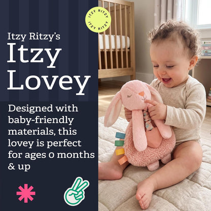 Itzy Lovey with Teether - Plush Baby Lovey Featuring Textured Ribbons, Dangle Arms, Crinkle Sound, Sherpa Fabric, and Minky Plush (Pink Bunny)