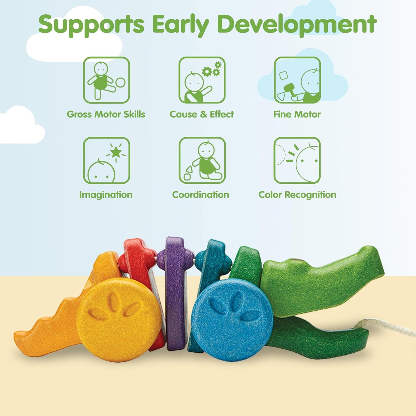 Rainbow Dancing Alligator Pull Toy for Toddlers | Eco-Friendly Wooden Toy with Click-Clack Sound | Walking Toy for Babies