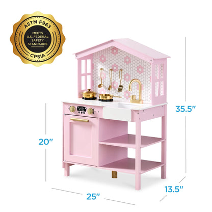 Rose Wooden Farmhouse Kitchen Playset with Storage, Interactive Features, and Five Accessories