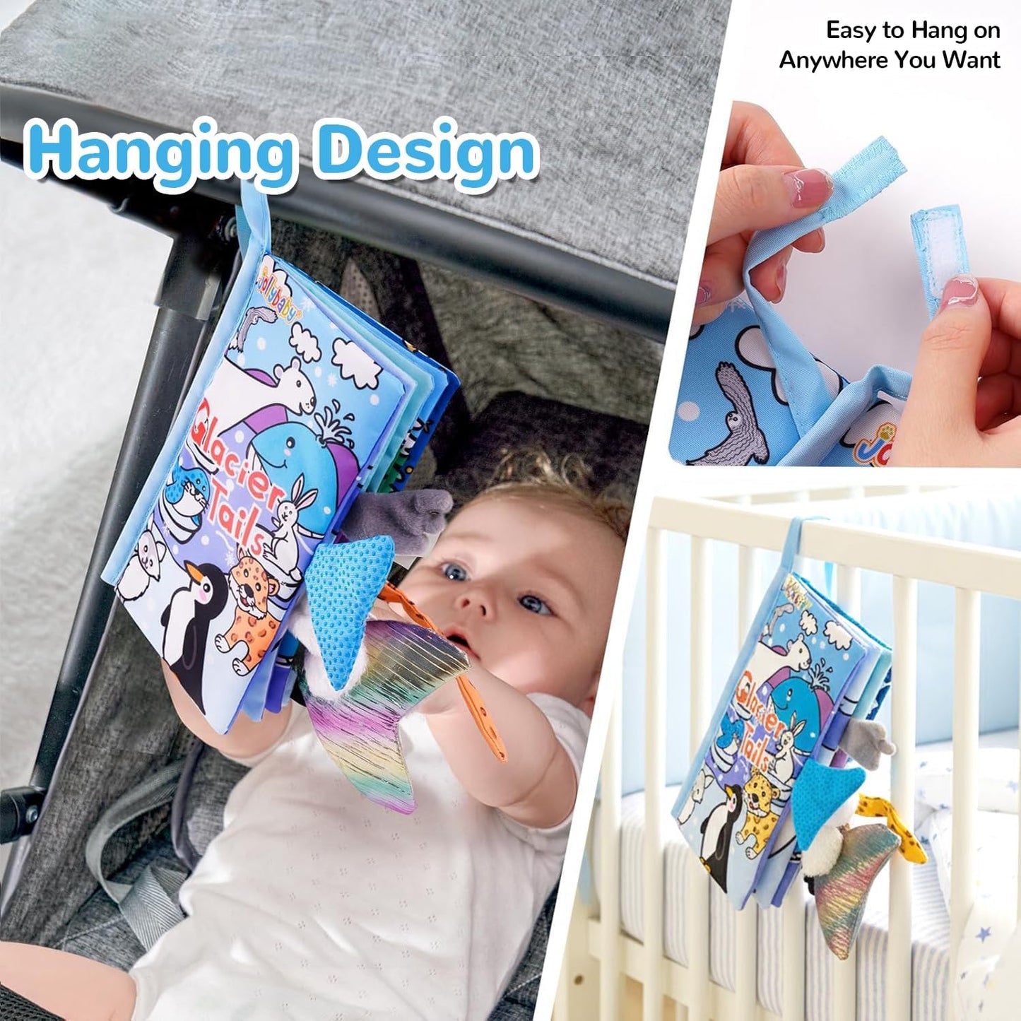 Soft Cloth Baby Books for Infants 0-6 Months - Crinkle Sensory Toys with Glacier Tails for Tummy Time and Touch & Feel Experience (3 Months+)