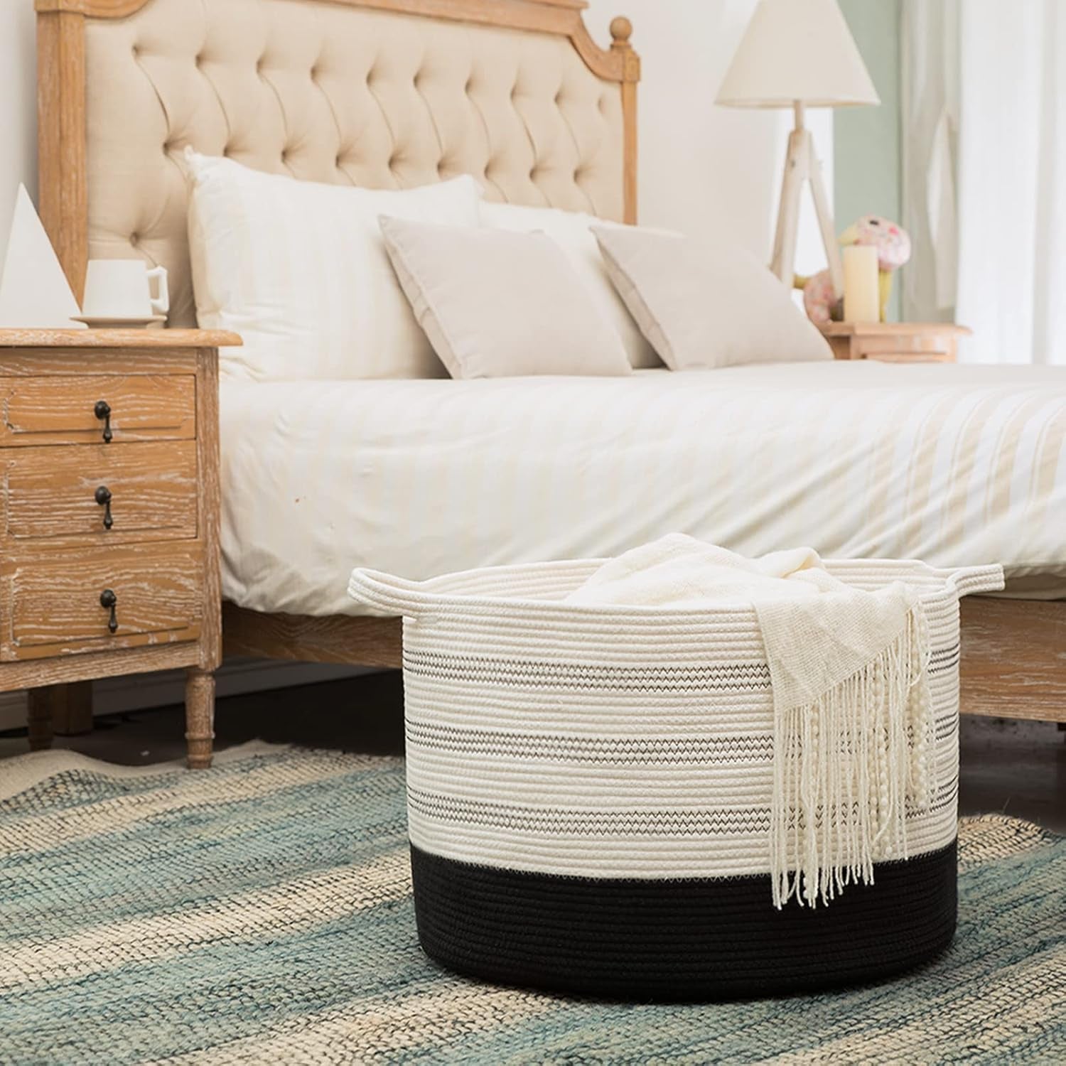 Xxxlarge Cotton Rope Basket 22" X 22"X 14" Blanket Basket for Living Room Woven Basket Soft Baby Laundry Blanket Basket Nursery Bin Toy Basket with Handle White+Black