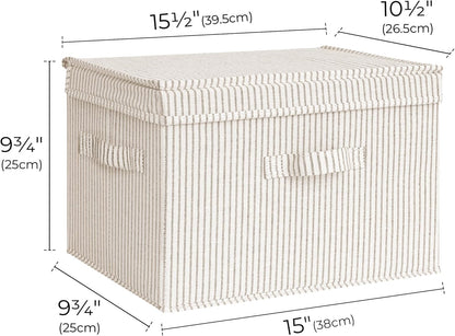 Fabric Storage Bins with Lids, Decorative Stackable Organizer Baskets with Handles, Large Khaki and Beige Stripes, Set of 2