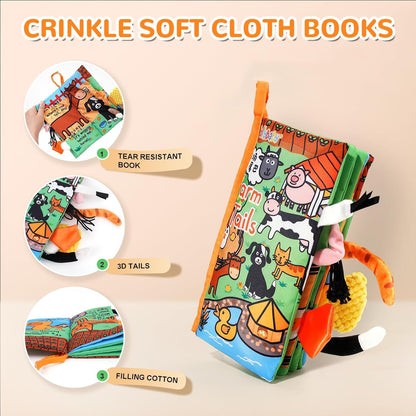 Soft Cloth Baby Books for Infants 0-6 Months - Crinkle Sensory Toys with Touch and Feel Features for Tummy Time - Farm Tails Edition
