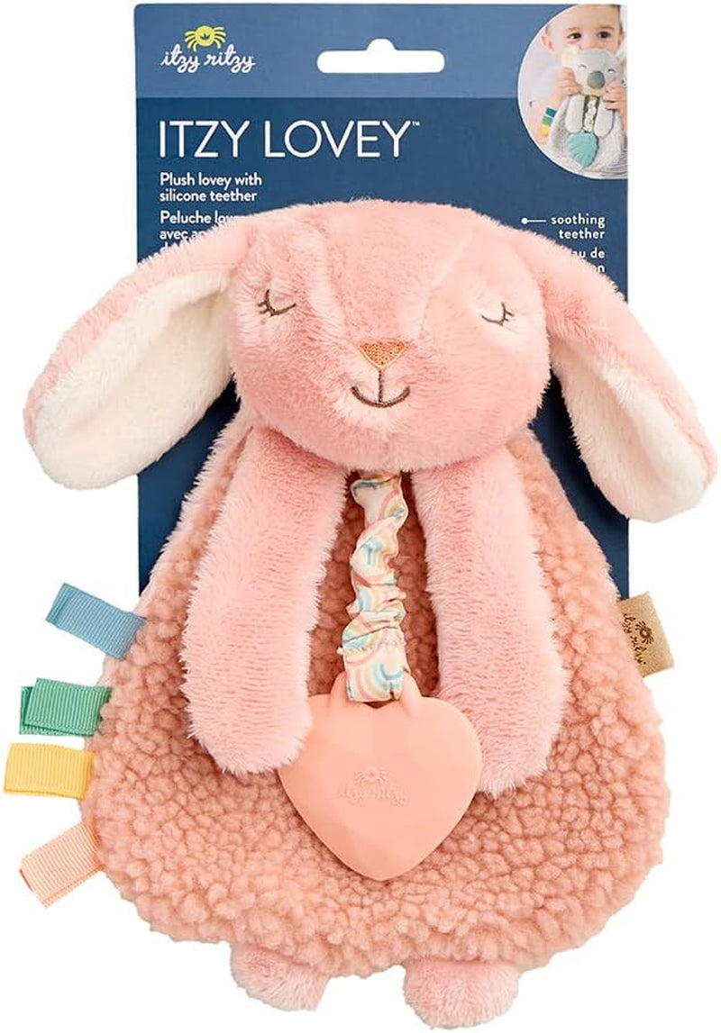 Itzy Lovey with Teether - Plush Baby Lovey Featuring Textured Ribbons, Dangle Arms, Crinkle Sound, Sherpa Fabric, and Minky Plush (Pink Bunny)