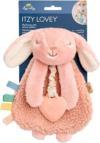 Itzy Lovey with Teether - Plush Baby Lovey Featuring Textured Ribbons, Dangle Arms, Crinkle Sound, Sherpa Fabric, and Minky Plush (Pink Bunny)