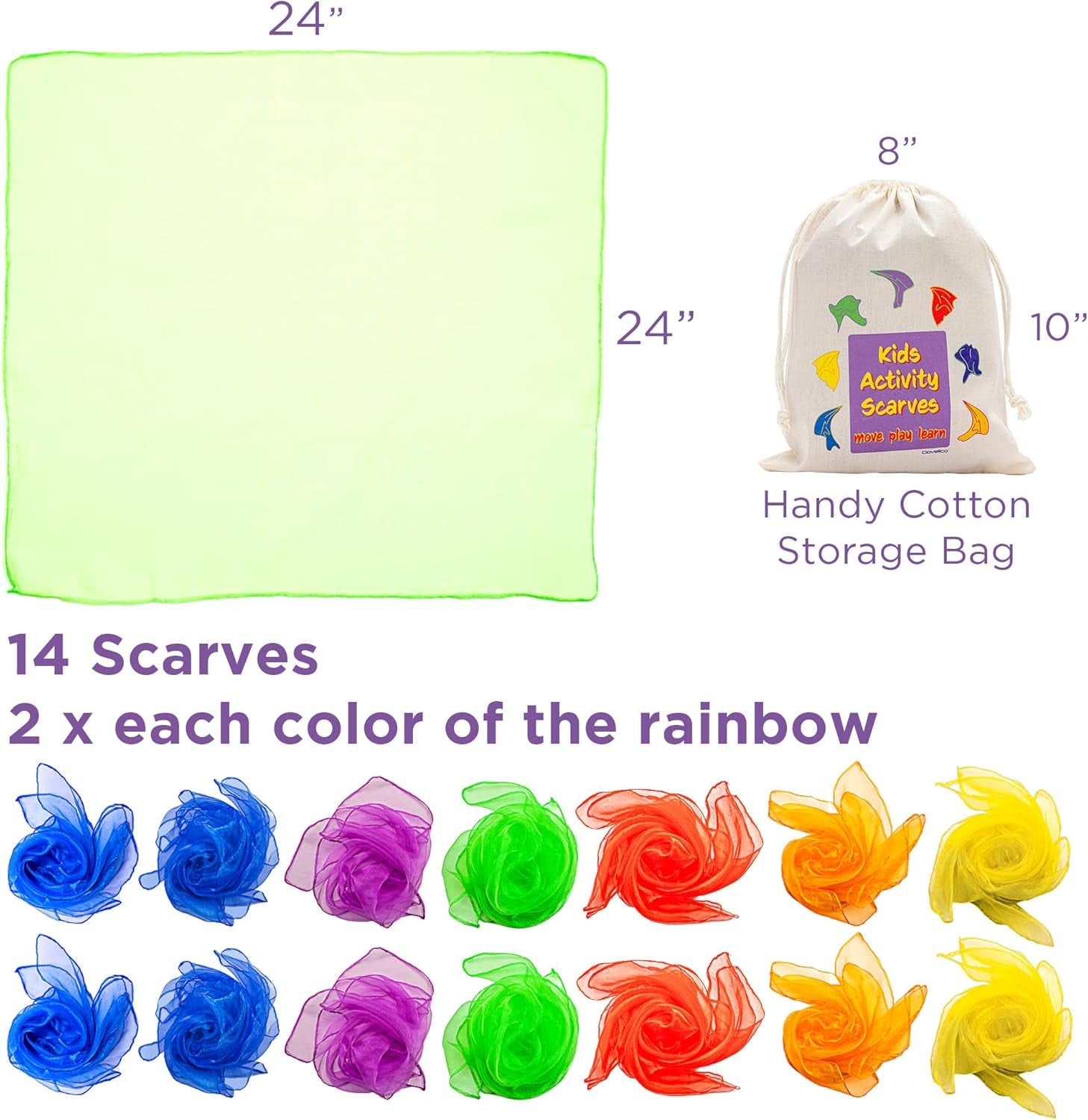 Play Scarves – Montessori-Inspired Sensory Dance Scarves for Toddlers & Preschool, 7 Pairs of Music & Movement Props for Classroom, Daycare & PE, Waldorf Gross Motor Toys