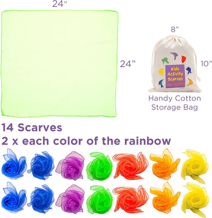 Play Scarves – Montessori-Inspired Sensory Dance Scarves for Toddlers & Preschool, 7 Pairs of Music & Movement Props for Classroom, Daycare & PE, Waldorf Gross Motor Toys