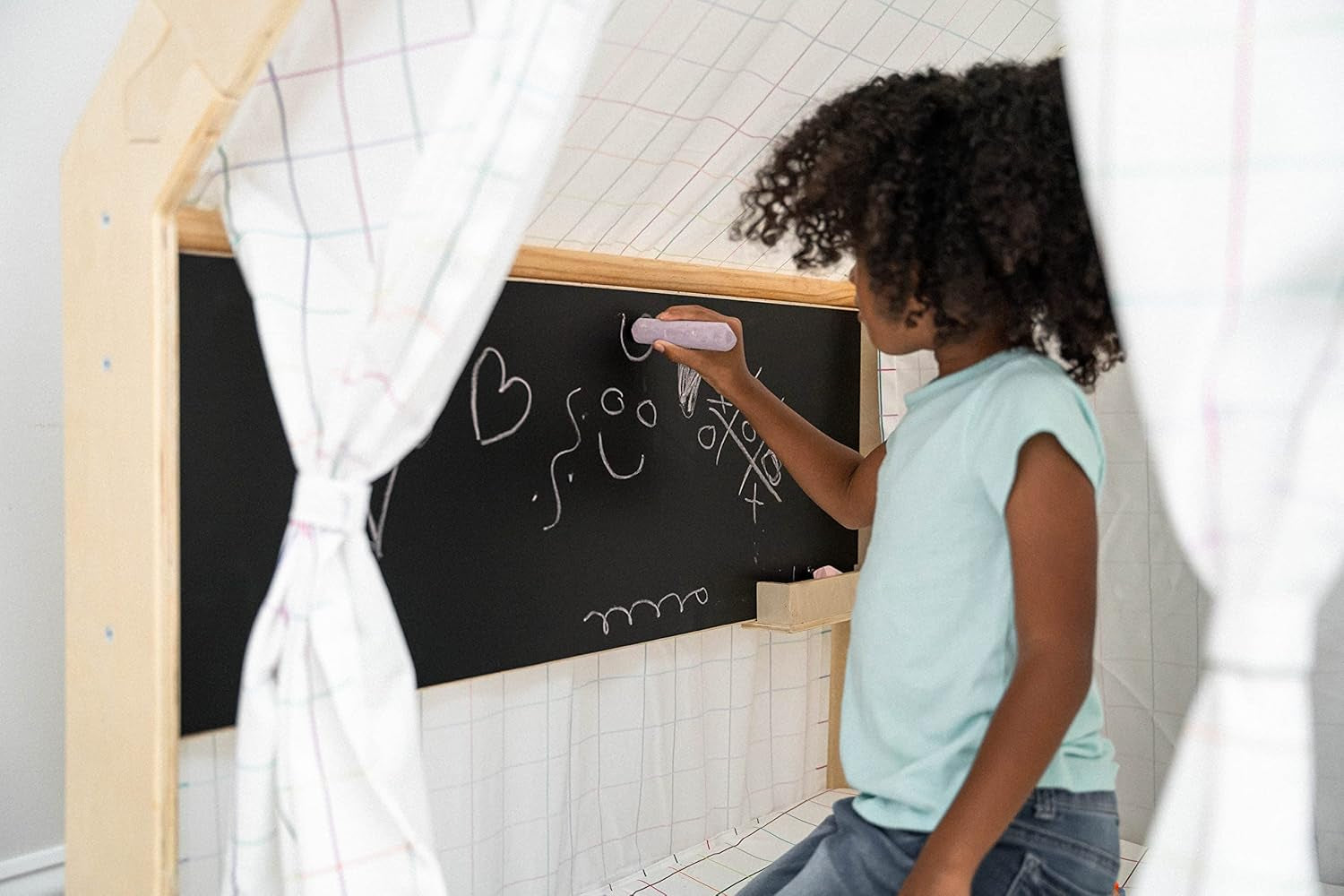 5 in 1 Indoor Playhouse with Desk Table, Chair, Chalkboard, Floor Cushion and Curtain Shades - Montessori and Waldorf Style