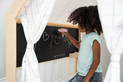 5 in 1 Indoor Playhouse with Desk Table, Chair, Chalkboard, Floor Cushion and Curtain Shades - Montessori and Waldorf Style