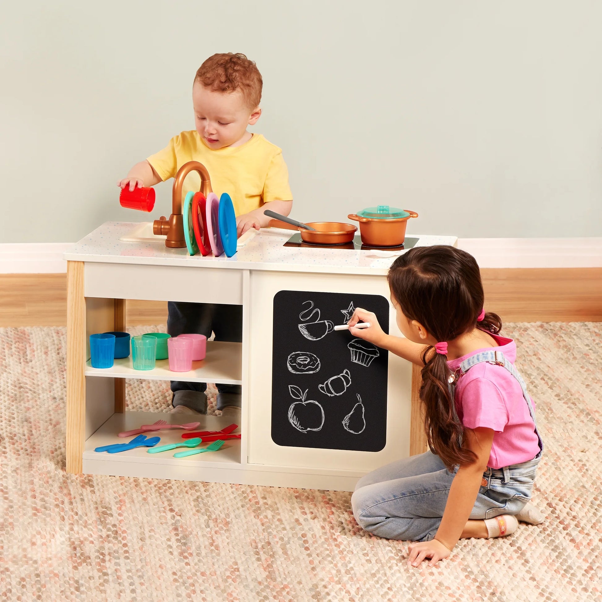 Two N' One Wooden Kitchen Café with Dishes and Chalkboard, Toddler and Preschool Toys