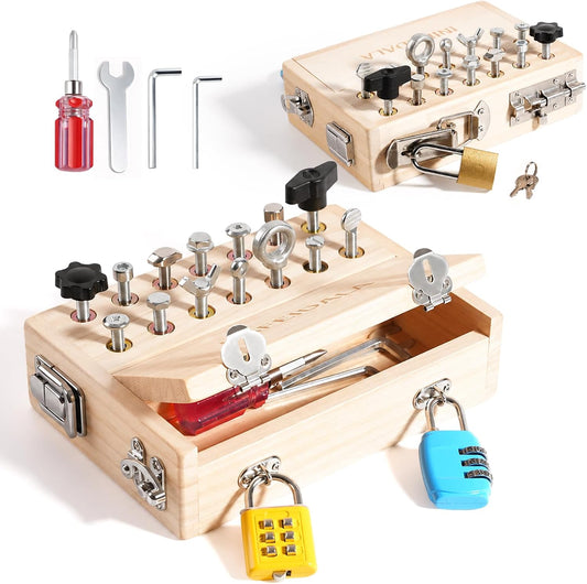 Wooden Sensory Toy with Locks, Latches & Screwdriver Set, Montessori Busy Board for Toddlers, Fine Motor Skills Learning Toy for Travel, Quiet Play & Preschool Activities